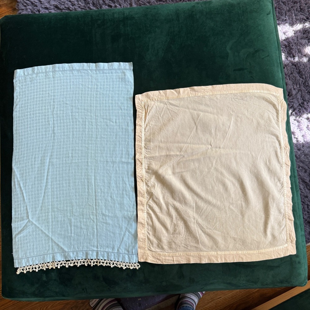 Vintage Linen Tea Towel & Blush Peach Placemat Set Lace Trim Cottage 2 pc bundle